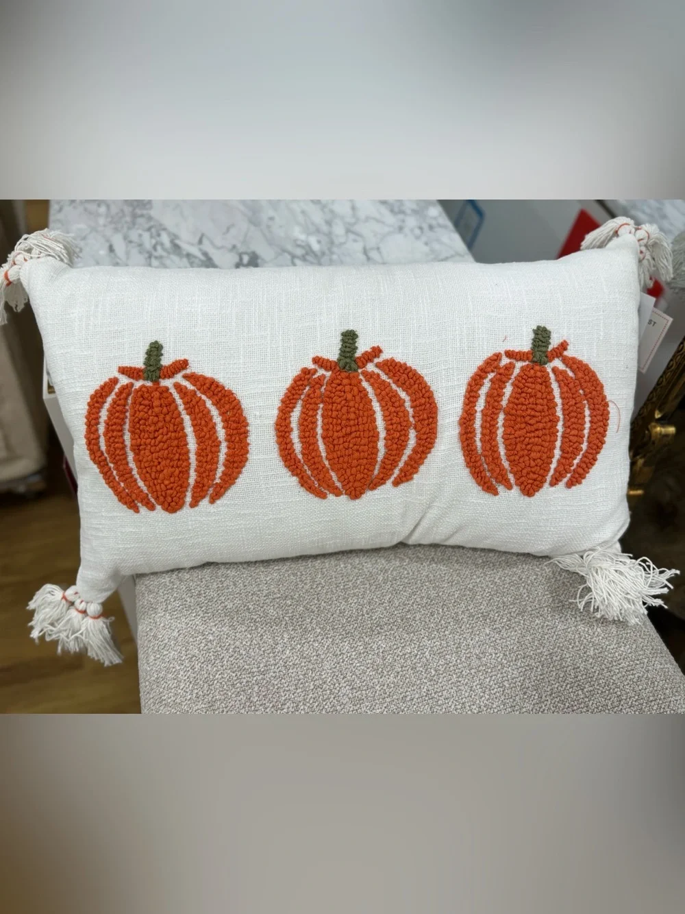 Autumn Pumpkin Embroidered Lumbar Pillow - White and Orange